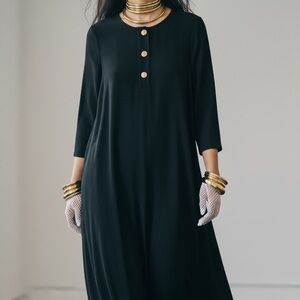 Vintage Escada Black Henley Dress Gold Button 90s Old Money Maxi 38